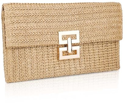 PEUTIER Straw Clutch, Summer Beach Straw Clutch Handbag Straw Tote Bag Boho Style Clutch Purse Handwoven Casual Small Envelope Straw Wallet for Women Girl Vacation Party Wedding