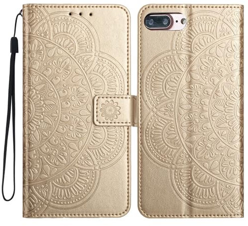 LMFULM® Hülle für Apple iPhone 6 Plus / 6s Plus (5,5 Zoll) PU Leder Magnet Brieftasche Lederhülle Mandala Blumen Drucken Flip Cover Ledertasche Stent-Funktion Case Gold
