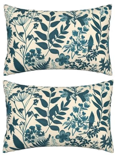 Outdoor Kissen Blau Kissenbezug 50 x 70 ,Wasserdicht Kissenhüllen 2er Set Kissenbezüge Blatt Muster Deko Kissen,Sofakissen Leinen Zierkissen Bezug Lounge Kissen für Outdoor Garten Balkon Terrasse J429