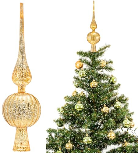 Gejoy Mercury Glass Finial Christmas Tree Topper 12 Inches Vintage Spherical Xmas Tree Topper Mid Century Christmas Ornament for Home Xmas Holiday Party Decorations(Golden)