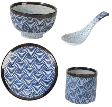 PHENOFICE Ensemble De 4 Bols À Motif De Vagues En Céramique Japonaise Ensemble De Vaisselle Tasses Cuillères Ensemble De Vaisselle Et Au Froid Élégant Pour La Fête
