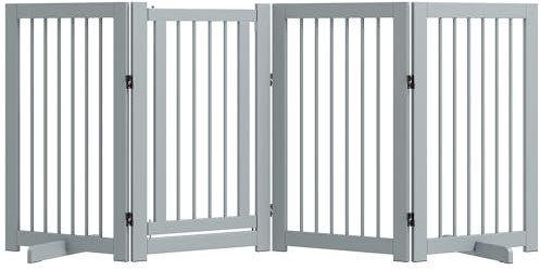 PawHut Absperrgitter Hund 4-teilig, 220 x 91 cm Faltbar Türschutzgitter mit Tür, Freistehend Hundegitter mit 2 Stützfüßen, Treppengitter aus Holz für Flur, Küche, Treppe, Hellgrau