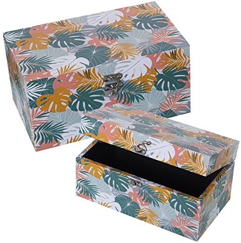 SET 2 CAJAS DECORADAS MADERA DM/LONA POLIÉSTER HOJAS 30X18X15+24X14X12CM