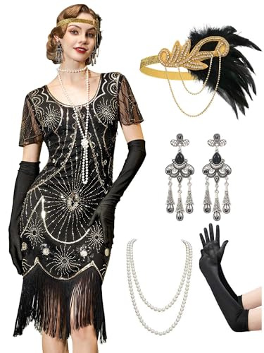YESSA 20er Jahre Kostüm Damen,Gatsby Kleid Damen mit Accessoires Set,Charleston Flapper Kleids