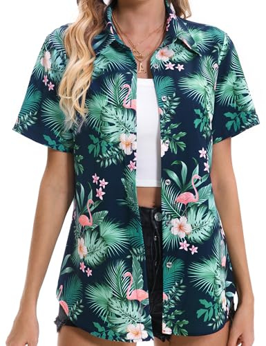 Chemises hawaïennes pour Femme, Chemise de Plage d'été, Chemises Tropicales, Chemisiers hawaïens boutonnés à Manches Courtes, Vert Flamant Rose, Taille XL