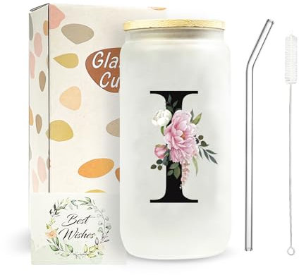 JEKUGOT A-Z Initial Personalised Birthday Gifts for Women, 16oz Iced Coffee Glass Cups with Lids and Straws, Glass Coffee Cup Gift Set for Mothers, Friends, Women, Men, Iced Coffees Cup Gift (I)