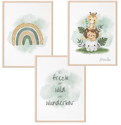 Mutzauber 3er Set Poster Kinderzimmer A4 | Kinder Wandtattoo | Deko Babyzimmer Jungen Mädchen | Regenbogen Elefant Giraffe Löwe frech wild wunderbar ohne Rahmen (grün, Tierfreunde)