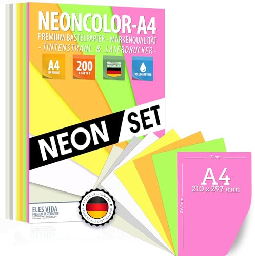 Buntes Papier A4 - MEGA Bastel-Set – 200 Blatt Buntpapier, 7 Farben NEON | Premium Bastelpapier 80g/m² REGENBOGEN - Origami Papier, Basteln, Farbiges DIY & Bastelsets für Kinder, MADE IN GERMANY