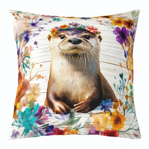 Homewish Kissenbezug Otter 40X40 Kinder, Cartoon Zootier Kissenhülle Niedlich Für Mädchen Jungen, Botanische Blume Pflanze Kissenbezug Mit Reißverschluss Dekokissenbezug,Waschbar