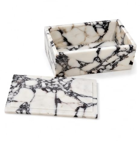 Artisanal Abode Luxury Marble Storage Box with Lid, White and Purple Veined Pattern, Decorative Organizer for Makeup Brushes, Jewelry, Bathroom Accessories (Rectangle)