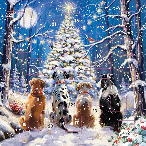 Advent Calendar with Christmas Coundown - 24 Door - Large Square (9.5 x 9.5) Gift Card with Envelope by Ling Design (Dogs Guarding Festive Tree)