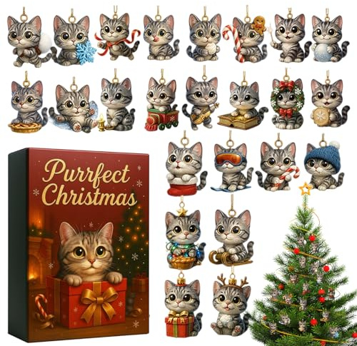 Calendario de cuenta regresiva de Navidad, juguetes acrílicos 2D, 24 piezas de plano de gato de Navidad 2025, para el coche, para el aula, relleno de calcetines, fiesta, árbol de jardín