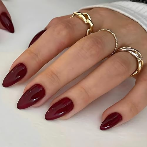 Viugex 30 Stück French Nägel Zum Aufkleben, Kurz Mandel Weinrot Künstliche Nägel, Einfarbig Glossy Press on Nails, Elegante Wiederverwendbar Acryl Full Cover Fingernägel für Frauen DIY Maniküre