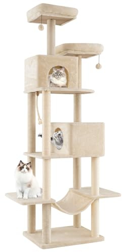 COSTWAY Kratzbaum groß, Katzenbaum XXL, 205 cm hoch, Katzenkratzbaum stabil, Kletterbaum mit 2 Höhlen, 2 Liegeflächen, Hängematte, Sisal-Kratzpfosten, Sisalseil, Plattformen & Ball, Beige