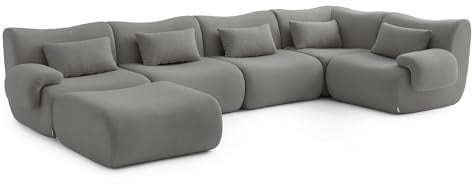 MILYsofa Modulares Wohnlandschaft, 5-Sitzer mit Ottomane, Bouclé-Bezug Wolkengrau, Abnehmbare Kissenbezüge (Wolkengrau, Wohnlandschaft)