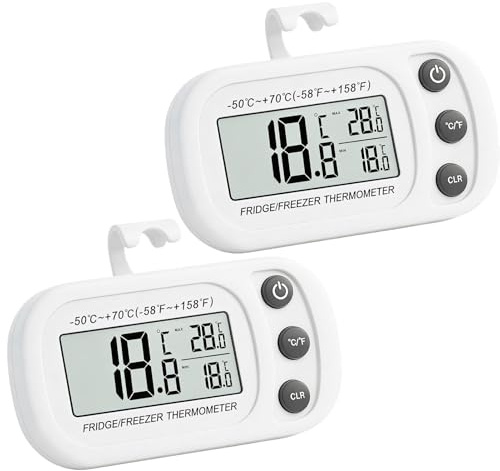 2 Pcs Fridge Thermometer Digital Refrigerator Freezer Thermometer with Hanging Hook Large LCD Display Min/Max Function °C °F Convertible for Home Kitchen Restaurants Bars (White)