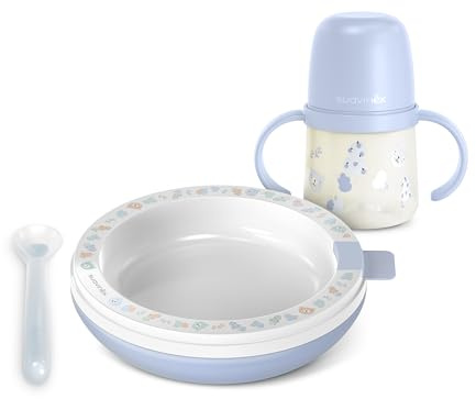 Suavinex, Vajilla Bebés con Plato Térmico, +6 Meses, Wild&Free, Azul | Mantiene la Comida Caliente. Incluye: Cuchara Silicona + Vaso Aprendizaje con Asas y Boquilla de Silicona + Plato Térmico