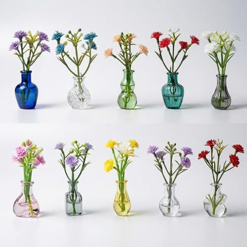 Glamoreal 10Pcs Magnetic Mini Glass Vases for Fridge – Strong Magnets, Leak-Proof Propagation Vases with 10 Artificial Flowers, Ideal as Gift for Mum, Locker or Office
