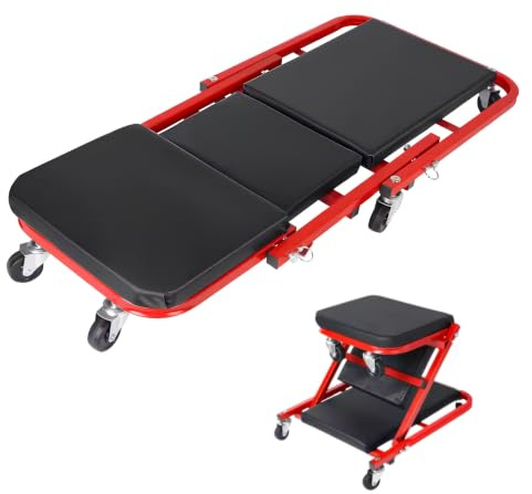 YASTA Carrello sotto Auto 2 in 1 Sgabello da Officina Meccanico 90cm | Lettino pieghevole, Portata massima 150kg, Sedile riparazione imbottito, Ruote girevoli, Fai da te, Garage.