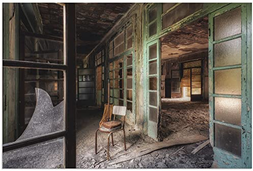 ARTland Wanddeko Wandbild Alu Verbundplatte für Innen & Outdoor Bild 90 x 60 cm Architektur Ruinen Glas Foto Lost Place einsamer Stuhl verlassene Orte Vintage T9SP