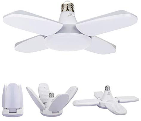 Exmate Éclairage de Garage à LED, 60W E27 6500K 4800lm Lampe de Garage Déformable avec 4 Panneaux Réglables, Plafonnier LED pour Garage Entrepôt Atelier Sous-sol Salle de Gym Cuisine