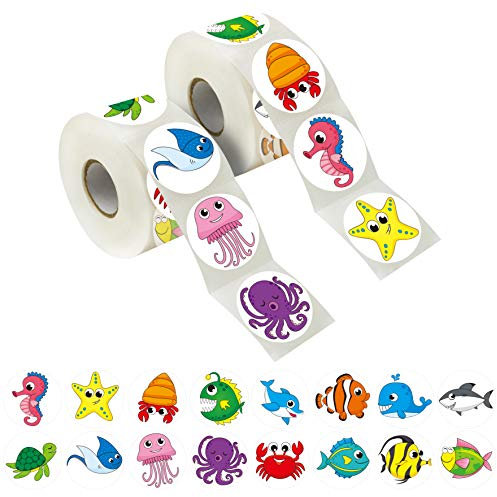 600 entzückende runde Meerestieraufkleber in 16 Designs mit perforierter Linie; erweiterte Version (jeweils 3,8 cm Durchmesser)