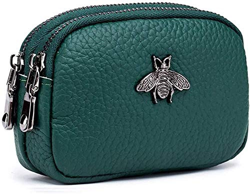 Porte-Monnaie en Cuir véritable pour Femme - Double Zipper Bee Change Pouch Wallet Card Holder Porte-Monnaie Mini Simple Cute Coin Pocket utile pour Les Femmes (Vert)