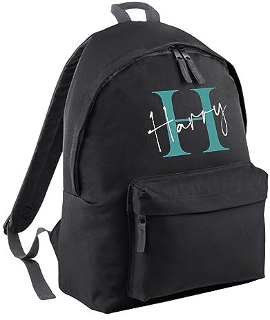 Print Maniacs Personalised Any Name Large 18L Kids Travel Backpack Junior Shoulder Collage Rucksack School Lunch Swimming P.E Laptop Book Bag (Black, Teal/White)