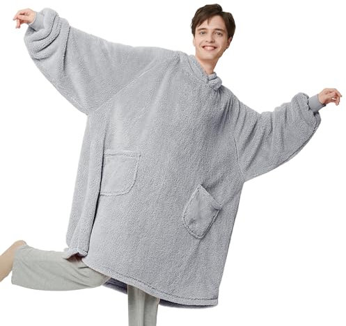 BEDSURE Hoodie Decke mit Ärmeln - Kuschelpullover als Geschenke für Frauen - Übergroßer Tragbare Decke Kuscheldecke mit Ärmeln Geschenke zum Vatertag Männer Herren Damen xxl, Grau 107x90 cm