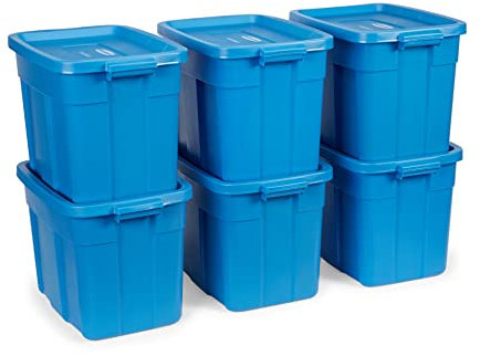 Rubbermaid Roughneck 18 Gallonen Aufbewahrungsboxen, 6 Stück, langlebige stapelbare Aufbewahrungsbehälter mit Deckel, stapelbare Kunststoff-Aufbewahrungsbehälter für schwere Werkzeuge,