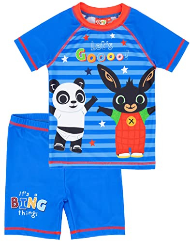 Bing Bunny Swimsuit for Boys | Blue Pando Character Two-Piece Top Shorts Bathing Suit Swim Set | Kids Animated Series Swimwear