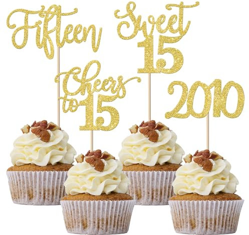 24 Stück 15. Geburtstag Cupcake Toppers Glitter Fifteen seit 2010 Sweet 15 Cupcake Picks Hello 15 Years Birthday Cake Decorations für Happy 15th Birthday Anniversary Party Gold