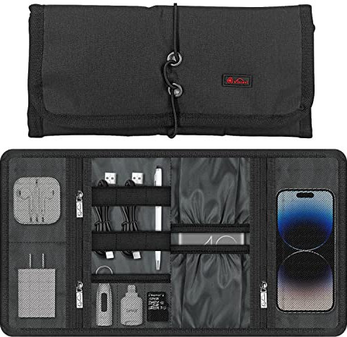 Vinsani Roll Up Accessories Universal Reise Organizer Easy Carry Portable Faltbares Make Up Kabel Ladegerät Kopfhörer USB SD Karte Elektronik Essentials Tragetasche - Schwarz