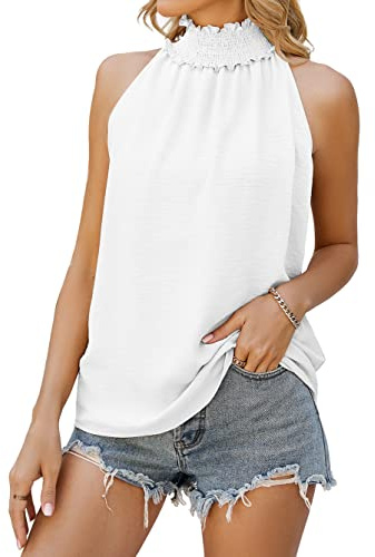 Famulily Women's Casual Summer Smocked Ruffle Halter Neck Sleeveless Top Outfit S-XXL