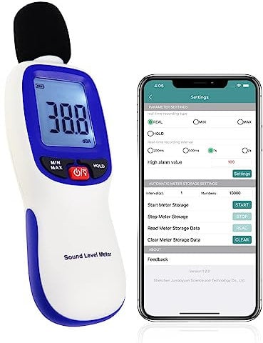 Dezibel-Meter,Bluetooth-fähig Digital Schallpegelmesser Tragbar SPL Meter 30~130dBA Bereich MAX/MIN-Datenspeicherung mit Hintergrundbeleuchtung des LCD-Displays für Zuhause, Schule und Arbeitsplatz