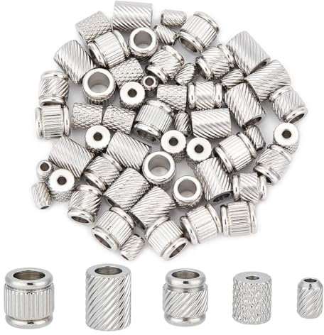 UNICRAFTALE 60 Stk 5 Stile Edelstahl Säulen Perlen Rillen Abstandsperlen 2-4.3mm Große Loch Perlen Haarperlen Lanyard Perlen Metall Armbänder Abstandsperlen Für DIY Schmuckherstellung