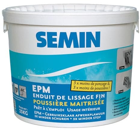 Semin Enduit de Lissage - Poussière Maîtrisée - Finition des Murs - 3 Fois Moins de Ponçage - Intérieur - Seau de 25 kg
