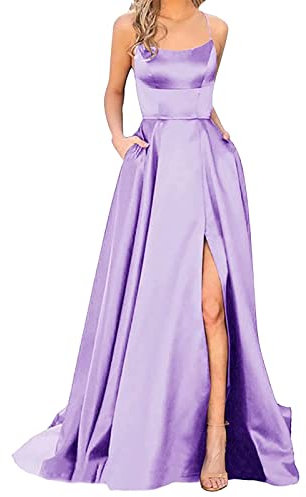 Abito da donna elegante e lungo, con tasche, in raso, linea ad A, senza spalline, abito da sera, sexy, con allacciatura al collo, spaghetti, lungo, principessa, damigella d'onore, abito da sera, Lilla