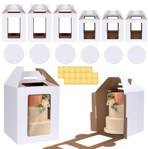 KintKita Tall Cake Box 2 Sizes 10x10x12 & 12x12x14 IN Tier Cake Boxes with Cake Boards,Large Layer Cake Carrier Transport Box with 4 windows for Wedding,Birthday,Party,Bakery Supplies(6 Pack)