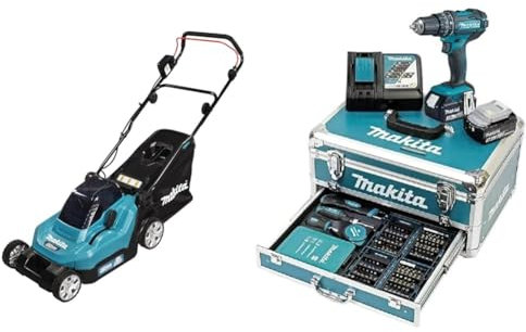 Makita DLM382PM2 Akku-Rasenmäher 2x18 V / 4,0 Ah, 2 Akkus + Doppelladegerät & DHP482RFX9 Schlagbohrschrauber 18V / 3,0 Ah, 2 Akkus Plus Ladegerät im Alukoffer, Petrol, 96-TLG. Zubehör-Set