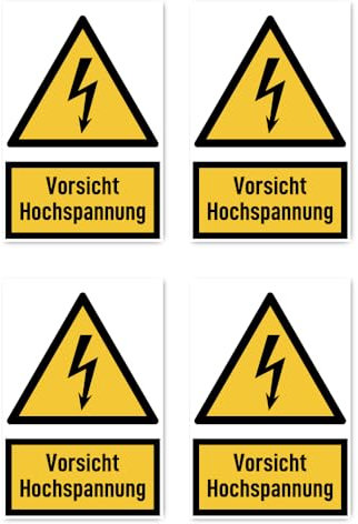 Aufkleber: 150x100 mm, 4 Stück - Vorsicht Hochspannung - Warnzeichen mit Text (deutsch) (gelb/schwarz) - hochkant - W012 - DIN EN ISO 7010 / ASR A1.3