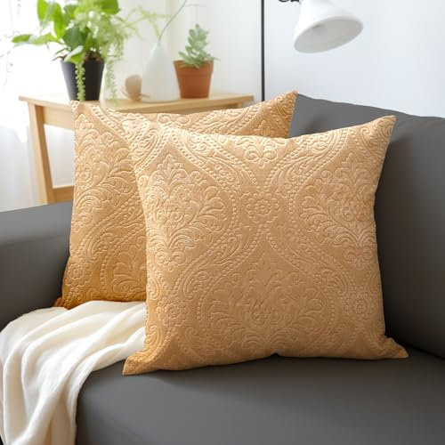 Encasa XO Samt Kissenbezuge 50x50 cm Geprägte - Plüsch Deko Kissenhüllen für Elegante Wohnzimmer & Schlafzimmer, Maschinenwaschbar Gold | Set von 2 | Nur Bezüge, Keine Einlage