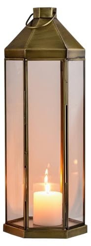 Marrakech Vintage Decorative Lantern 39 cm Large Gold Antique Metal and Glass Tea Light Holder as Table Decoration Living Room Candle Holder Lantern Arada as Balcony Patio & Garden Aesthetic