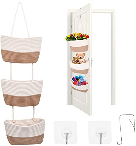 Strixorn Door Hanging Storage Organiser Baskets, 3-Tier Cotton Rope Woven Hanging Organiser, Hanging Fruit Basket Wardrobe with 3 Pockets for Wall Living Room Bathroom Bedroom
