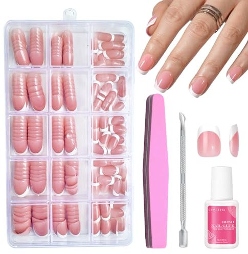Short French Press On Nails - 240Pcs Pink Square False Nails - Fake Nail White Tip False Nail Kit - Full Cover Stick on Nail French Nail Art Manicure Decorations
