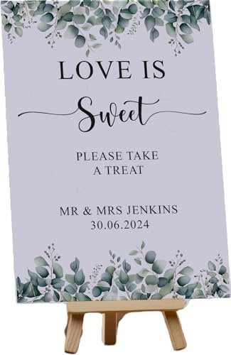 Personalised Wedding Love is Sweet Take a Treat Table Sign with Eucalyptus (Personalised Card and Easel)