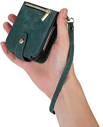 UEEBAI Wallet Case for Samsung Galaxy Z Flip 5/6/7 FE, 3 Card Slots Retro Leather Wallet Shockproof Flip Cover with Hand Strap Card Slots Zipper Pocket Kickstand Handbag Magnetic Closure - Green