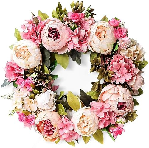 Artificial Flower Wreath, Peony Round Wreath Door Wreath Summer Wreaths for Front Door Roses Garland Wall Hanging Accessories for Farm, Wedding, Home Decor