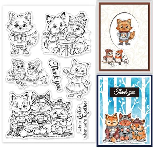 GLOBLELAND Transparente Stempel Der Winterfuchs Familie Mit Cartoon Tier Silikonstempel Siegel Eule Transparente Stempel Für DIY Scrapbooking Karten Erstellen von Fotoalben Und Tagebüchern