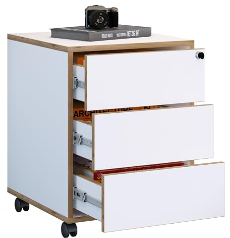 VCM Rollcontainer Weiß 42x45x50 cm 3 Schubladen Serie Salia mit Rollen | Stauraum für Büromaterial - Arbeitszimmer - Für Ordnungsliebende - Holzwerkstoff mit stabilen Griffen